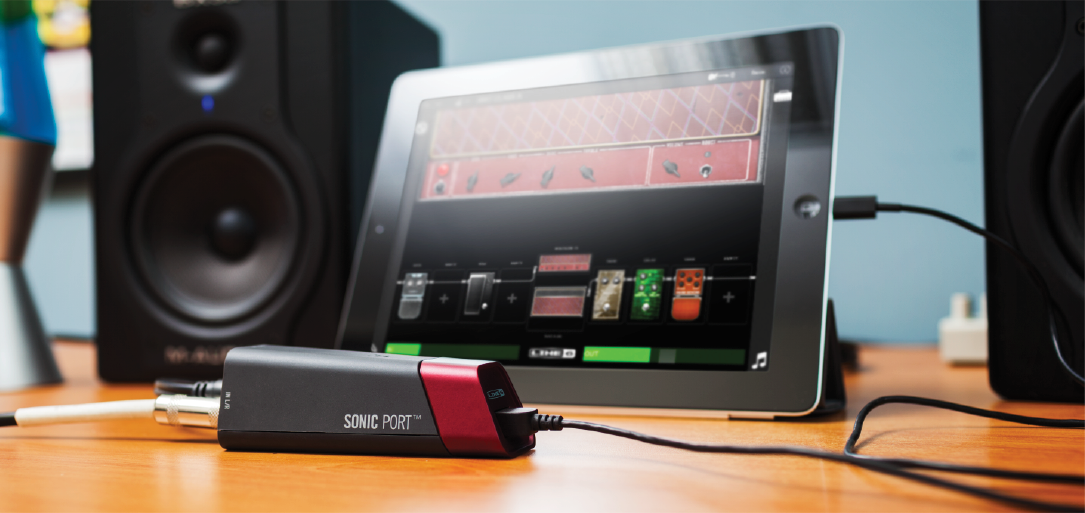 Line 6 Sonic Port guitar recording interface for iOS plugged into Mobile POD