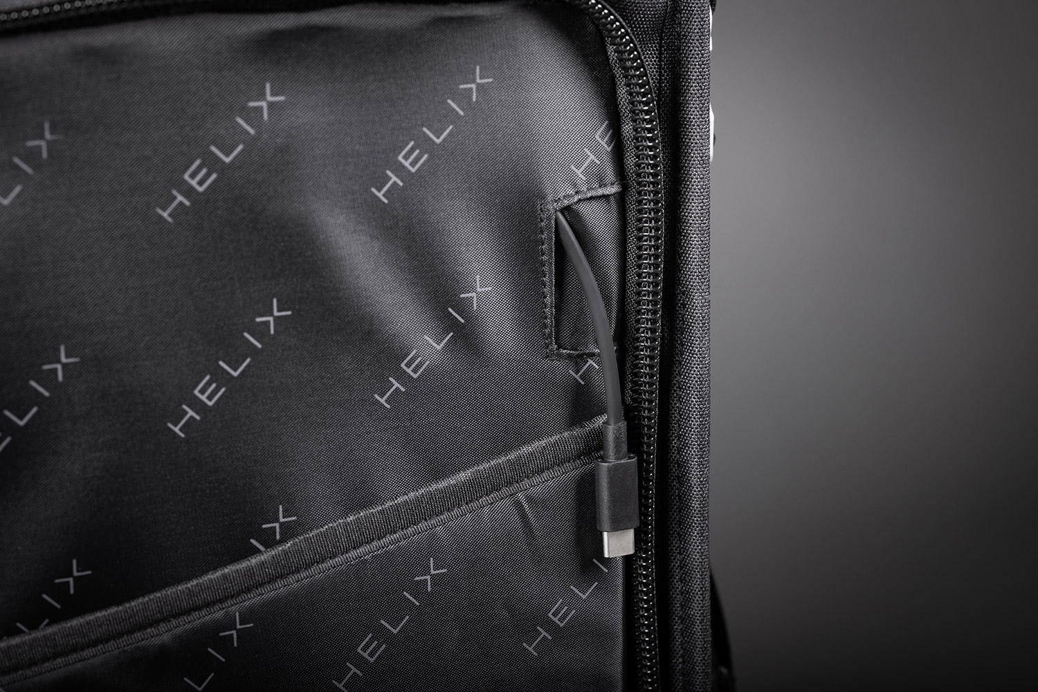 Close-up view of the inside USB-C cable of the Helix Stadium Backpack