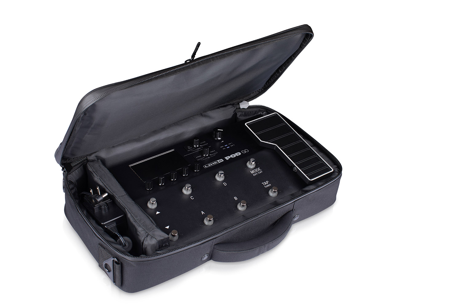 Top opened to show how POD Go fits in POD Go and POD Go Wireless Shoulder Bag