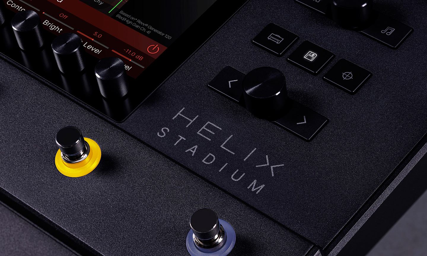 Close-up of Helix Stadium logo, knobs, and 2 footswitches on the Helix Stadium Floor