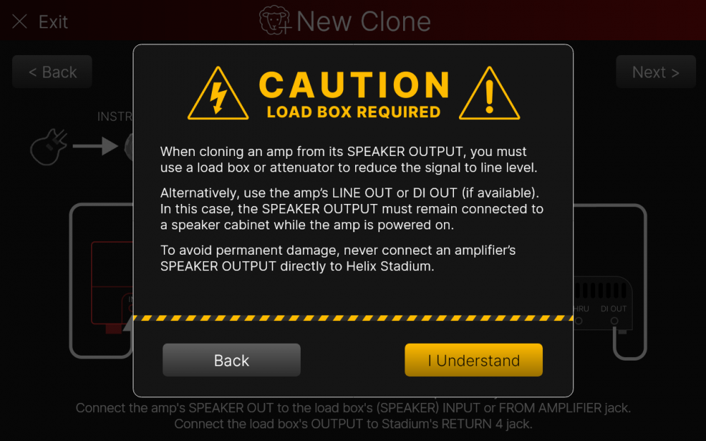 Warning message about using a load box when cloning an amp's speaker output to prevent damage. Instructions for connections included.