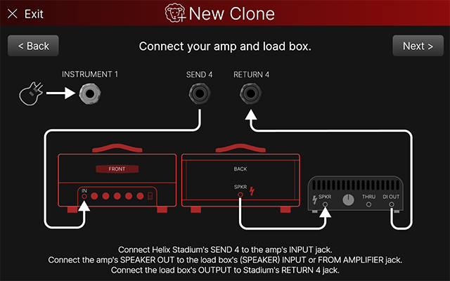 Warning message about using a load box when cloning an amp's speaker output to prevent damage. Instructions for connections included.