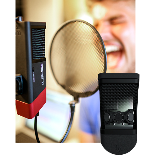 Bonavox singing into Line 6 Sonic Port VX audio recording interface 